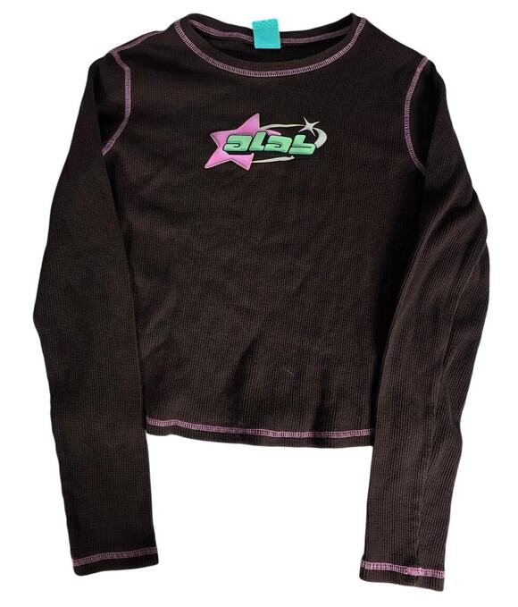ALAB Tops - ALAB Thermal Shirt Womens Large Brown Pink Y2K Waffle Knit Graphic Long Sleeve